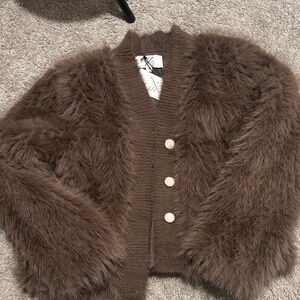 Brown Fuzzy Cardigan with Button Details